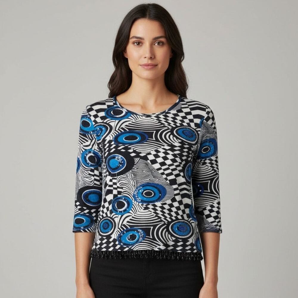 Vintage Beverly's Beaded Embellished Evil Eye Print Blouse Women's Size Medium